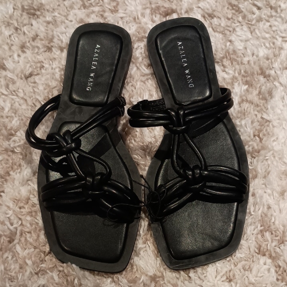 New Womens Azalea Wang Stetson Black Leather Slides Sandals Size 7
